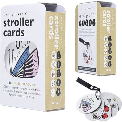 Wee Gallery Stroller Cards - I See Bugs to Count - Counting Numbers Travel Activity for Babies, Toddlers, with Snap on Strap for Walks, Car Seat, Bag, Stroller