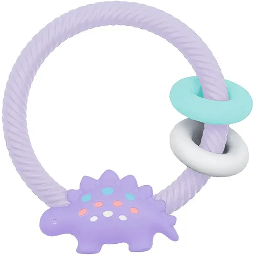 Itzy Ritzy Silicone Teether with Rattle, Features Rattle Sound, Two Silicone Rings and Raised Texture to Soothe Gums, Ages 3 Months and Up, Purple Dinosaur