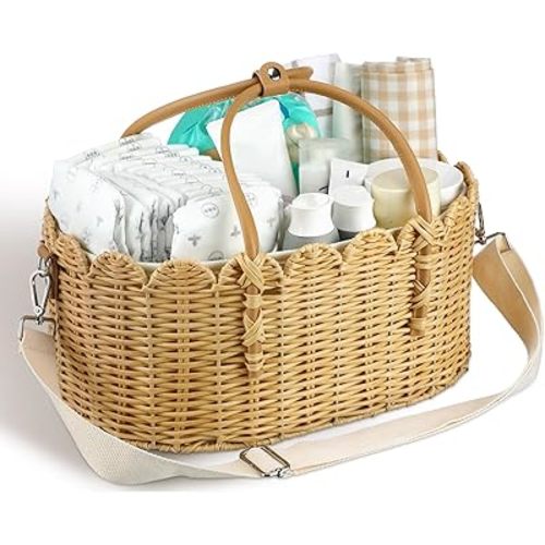 Baby Diaper Caddy Organizer Crafted Scalloped Rattan Basket with Shoulder Strap Luxurious Diaper Caddy Basket 2 Pcs Detachable Compartments Included for Baby Shower Gifts Newborn