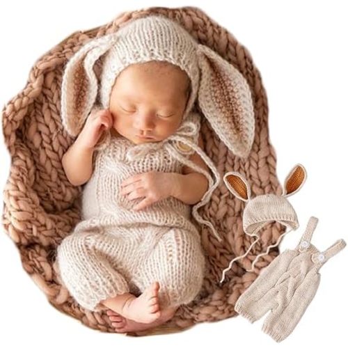 Zeroest Newborn Photography Props Baby Boys Girls First Picture Outfits Photoshoot Infant Photo Crochet Knitted Bunny Easter