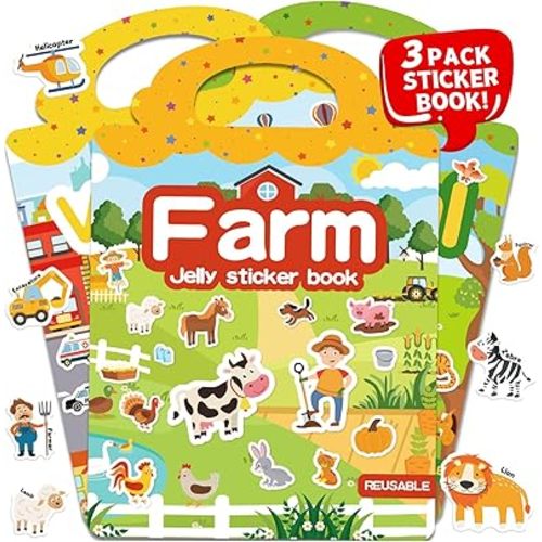 3 Sets Reusable Sticker Book for Toddlers 3-6, Jelly Sticker Books for Toddler, Travel Sticker Activity Toys for Kids 3 4 5 6 Years Old Girls & Boys（Farm + Vehicles + Animal）