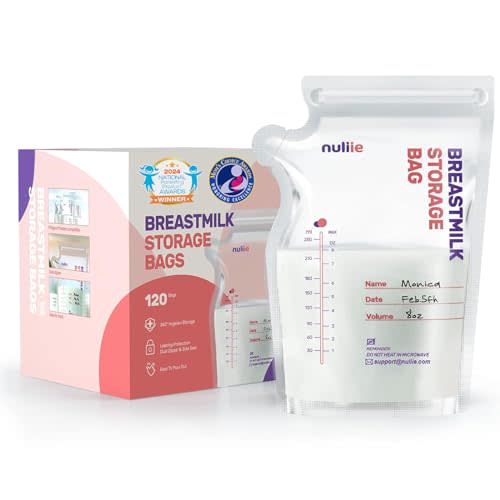 Nuliie 120 Pcs Breastmilk Storage Bags, 8 OZ Breast Milk Storing Bags, BPA-Free, Milk Storage Bags with Pour Spout for Breastfeeding, Self-Standing Bag, Space Saving Flat Profile