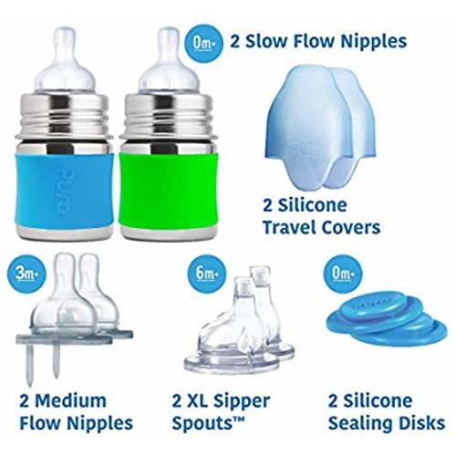 Pura Stainless Starter Gift Set with 5 oz/150 ml Stainless Steel Infant Bottles (2) Silicone Slow-Flow Nipples (2), XL Sipper Spouts (2) Sealing Disks (2), Travel Covers (2), Sleeves (2) - Aqua - Aqua & Green