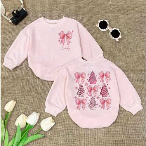 Pink Coquette Bow Cute Christmas Romper Sweatshirt, Pink Coquette Bow Baby Girl Clothes, First Christmas Baby, Xmas Girls, Holiday Outfit