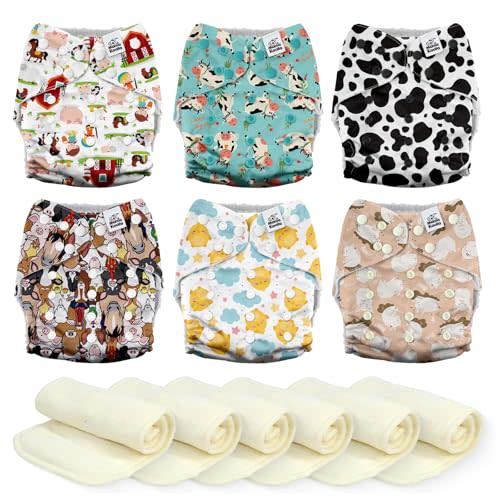 Mama Koala 3.0 Cloth Diapers for Babies, 6 Pack One Size Washable and Reusable Pocket Diapers for Newborns and Toddlers (Farm-My Home)