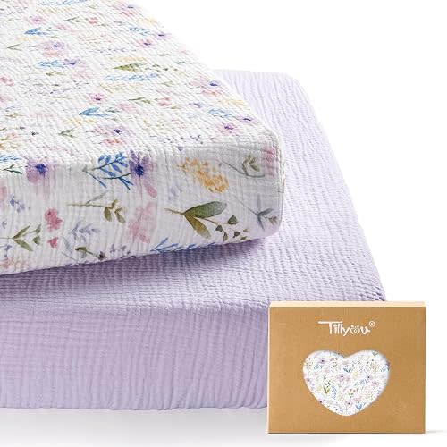 2 Pack Muslin Crib Sheet 100% Cotton, Lilac Bloom