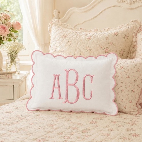 Personalized Scalloped Edge Lumbar Pillow Cover, Personalized Embroidered Throw Pillow, Bedroom Decor Pillow Cover, Monogram Pillow Cover