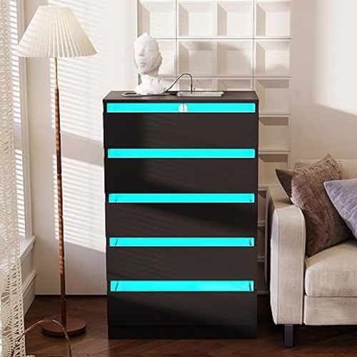 5 Drawer Tall Dresser with Power Outlets & LED Lights, Black Dresser with Embedded Handle, Modern Wood Dresser for Bedroom, Living Room, Hallway