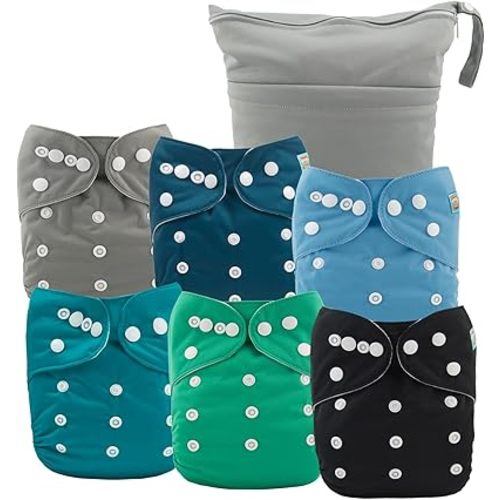 ALVABABY 6pcs Cloth Diaper Covers &1 Wet Dry Bag, Washable Reusable Cloth Diaper Shell for Prefold with Multi-Functional Bag, Flat or Fitted Diaper Inserts 6NKZ02