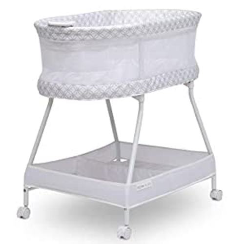 Portable Crib- Delta Children Sweet Dreams Bassinet with Airflow Mesh Bedside with Vibration Lights and Music, Grey Infinity
