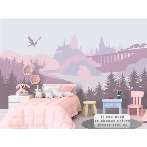 Wizard Castle Wallpaper Nursery Removable, Magical Castle for Kids Room Self Adhesive, Lavander Wallpaper Playroom, Woodland Wallpaper