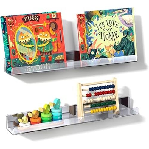 NiHome Clear Magnetic Acrylic Book Shelves 2-Pack, 17'' for Whiteboard, Classroom and Fridge Storage, Sleek Design for Large Picture Books and File Holders, Holds up to 8.5 lbs