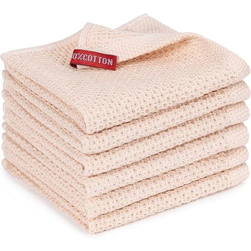 BOOMIBOO Cotton Waffle Weave Dish Towel, 12x12, 6-Pack, Beige Ultra Soft Absorbent, Quick Drying - Tea Dowels & Bar Towels