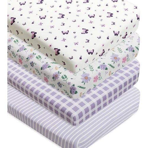 4 Pack Butterfly Baby Crib Sheets for Baby Girls Purple Crib Fitted Sheets for Standard Size Crib and Toddler Mattress Soft and Breathable (Crib)