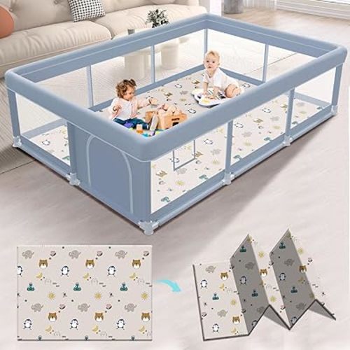 74 x 50 Inch Baby Playpen with Mat, Playpen for Babies and Toddlers, Baby Playard for Indoor & Outdoor Active Center Game Fence, with Skin-Friendly Fabric and Soft Breathable Mesh, Grey