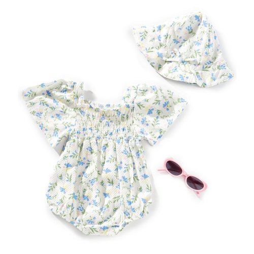 Jessica Simpson Baby Girls Flutter-Sleeve Floral-Printed Textured Basketweave Romper