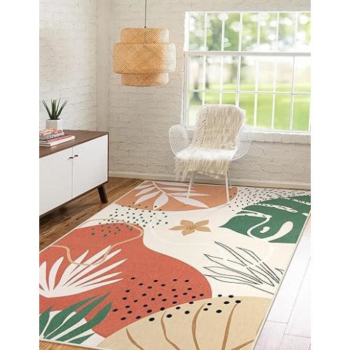Lahome Carpet for Living Room - 4x6 Area Rug Washable Soft Rug for Bedroom Indoor Fall Rug Non-Slip Cute Nursery Kids Rug, Boho Botanical Print Rugs for Kitchen Entryway Laundry Room Dorm