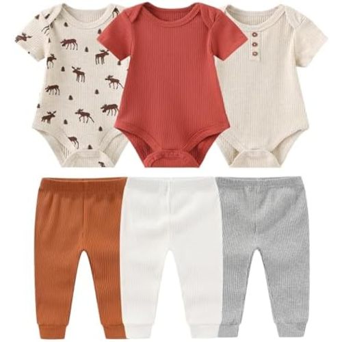 Baby Bodysuit and Pant Set 6-pcs Ribbed Soft Infant Boy Girl Clothes Outfits