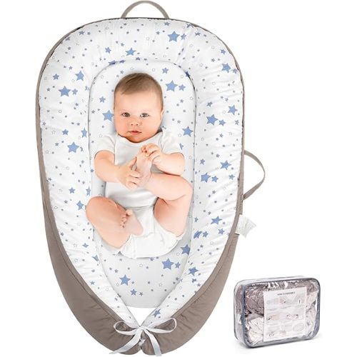 HKAI Baby Lounger - Infant Lounger for Newborn to 24 Months, Soft & Breathable Cotton Baby Nest, Portable Newborn Essentials for Boys & Girls, Cozy Baby Floor Seat for Home & Travel
