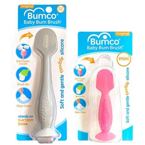 Bumco Baby Essentials for Newborn - Baby Bum Brush Original Diaper Rash Cream Applicator, Soft Flexible Silicone Brush, Unique Gift + Mini Diaper Rash Cream Applicator with Travel Case, Gray & Pink