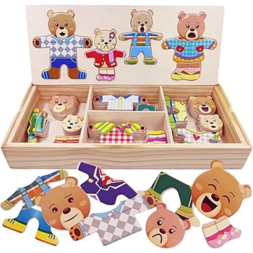 Wooden Bear Family Dress-up Puzzle Box for Toddlers(72pcs),Change Clothes Puzzle Games, Preschool Learning Activities Toys for Kids Ages 3+
