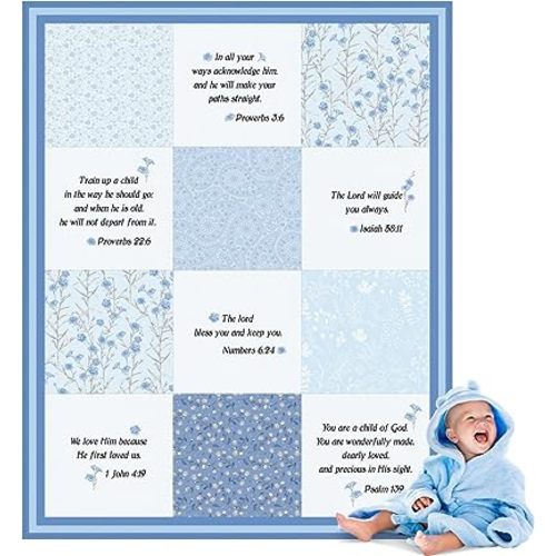 Oudain Christian Baby Blankets for Baby Blanket with Bible Verses Scripture Flowers Paisley Baby Receiving Baptism Blanket Christian Christening Gifts for Newborn Kids, 30 x 40 Inch (Blue)