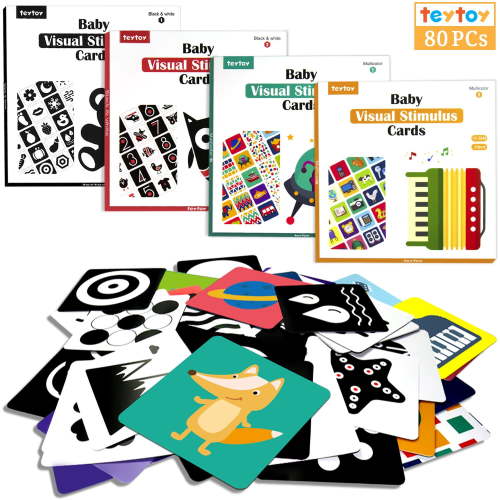 TEYTOY High Contrast Baby Flashcard, 80 PCS 160 Page Black White Colorful Visual Stimulation Learning Activity Card for Educational Newborn Infants Toys Gift