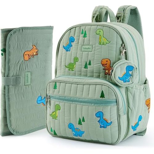 Large Diaper Bag Backpack with Changing Pad, Insulated Bottle Pockets, Travel & Hospital Bag for Mom & Dad (Large - Green Dinosaurs)