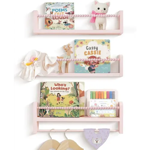 Nursery Book Shelves for Wall Set of 3, Pink Natural Wood Bookshelf Wall Decor, Small Floating Shelf Organizer for Kids Room, Bedroom, Kitchen Spice Rack