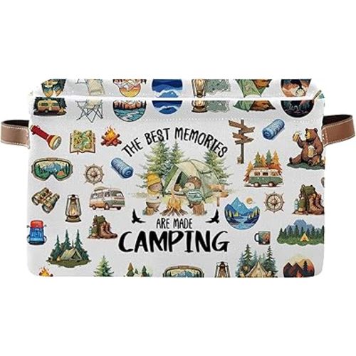 Camping Rectangle Storage Basket - Camping Themed Collapsible Storage Baskets with Handles - Camp out in the Wild Storages Bin for Kids Clothes, Gifts, Books, Toys