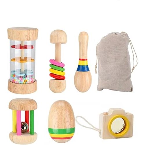 Wooden Sensory Toy for Toddlers, Montessori Baby Rattle with Rainstick, Maracas, Sand Ball, Hand Bell, Drum Rattle, Kaleidoscope, Natural Musical Instrument Infant Toy, Birthday Gift for Boys & Girls