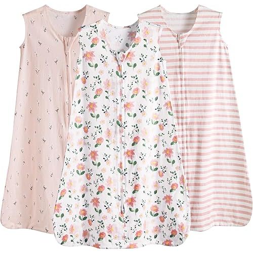 PHF Soft Baby Sleep Sack 0-6 Months 100% Cotton Wearable Blanket, 2-Way Zipper 0.5 TOG Toddler Sleeping Sack 3 Pack, Comfy Sleep Bag for Baby Girls, Pink Floral (Small)