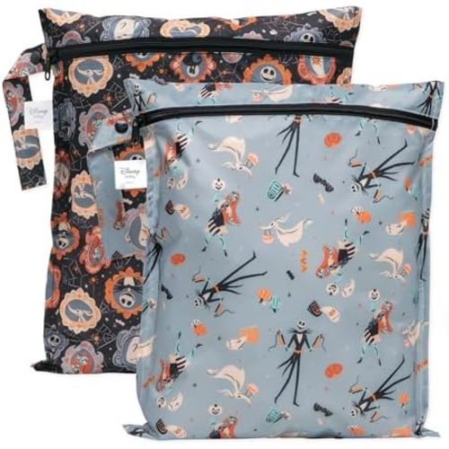 Bumkins Disney Waterproof Wet Bag for Baby, Travel, Swim Suit, Cloth Diapers, Pump Parts, Pool, Beach, Gym Clothes, Toiletry, Hook to Stroller, Daycare, Zip Reusable, 2-pk Nightmare Before Christmas