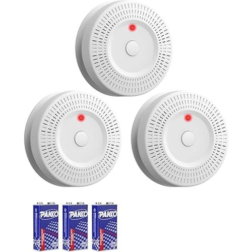 Smoke Detector, Lecoolife, 9V Battery Operated Smoke Alarm with LED Indicator, Silence Button, Battery Powered, White, 3 Pack