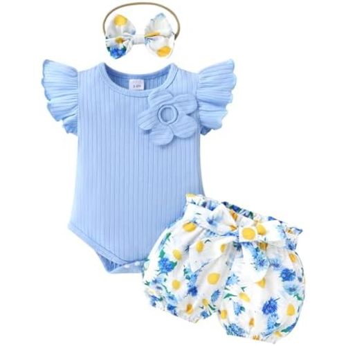 Tiny Cutey Baby Girl Clothes Infant Summer Outfits Set Ruffle Sleeve Romper and Floral Shorts with Headband