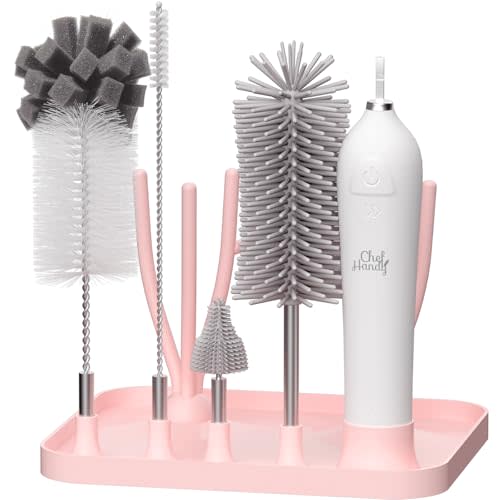 Electric Bottle Brush Set - 7-in-1 Baby Bottle Cleaner Kit with Silicone, Nipple & Straw Brushes, Drying Rack, 3 Adjustable Speeds, USB Rechargeable