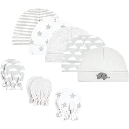 Hudson Baby Unisex Baby Cotton Cap and Scratch Mitten Set - 0-6 Months - Neutral Elephant