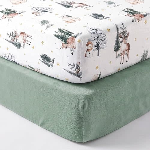 AMROSE 2 Pack Flannel Fleece Crib Sheets, Winter Woodland