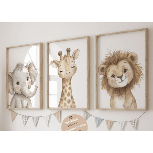 Safari Animal Nursery Prints: Watercolor Lion, Giraffe, Elephant Art (Set of 3)