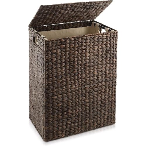 Casafield Large Laundry Hamper with Lid and Removable Liner Bag - Espresso, Woven Water Hyacinth Rectangular Laundry Basket Sorter for Clothes and Towels