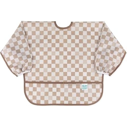 Bumkins Sleeved Bib for Girl or Boy, Baby and Toddler for 6-24 Mos, Essential Must Have for Eating, Feeding, Baby Led Weaning Supplies, Long Sleeve Mess Saving Food Catcher, Soft Fabric, Sand Check