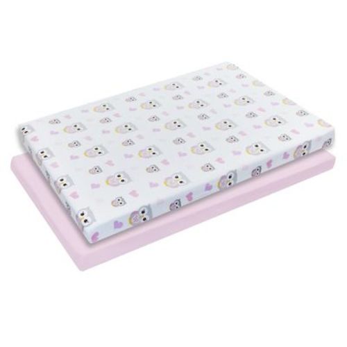 Everyday Kids 2-Pack Pack 'n Play Sheets, 100% Cotton, Owls/Hearts & Pink, Soft Fitted Sheets for Portable Crib or Mini Crib