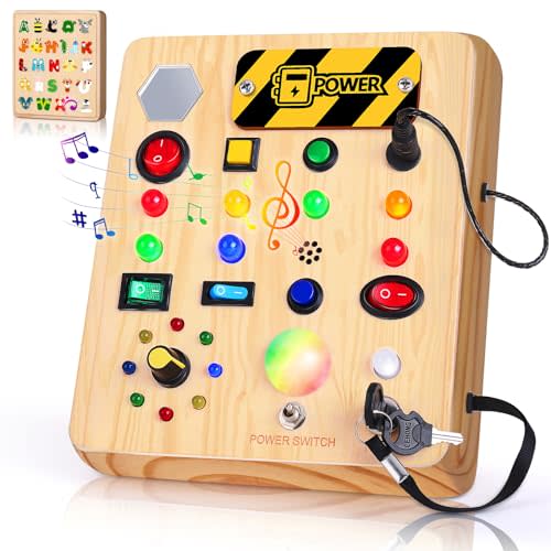 TINTECUSA Busy Board with LED Light, Wooden Sensory Toys for Toddler, Montessori Music Toy for Airplane, Travel Activity Educational Learning Autism Toys, Birthday Boys Girls Gifts