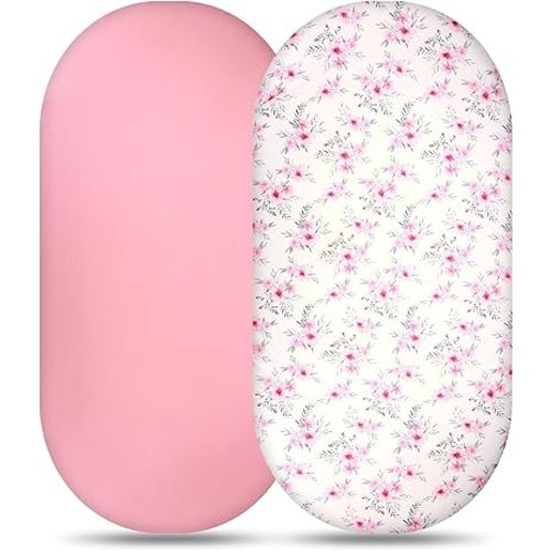 2-Pack Fitted Bassinet Sheets, Stretchy Ultra Soft Bassinet Mattress Sheets Fitted for Oval, Rectangle and Hourglass Mattress Pad for Baby Boy Girls (Pink)