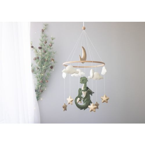 Dragon nursery baby mobile, Baby boy mobile, Felt hanging toy, Fantasy baby nursery, Golden moon and stars, Baby shower gift