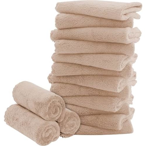 16 Pack Baby Washcloths - 10x10 Inch, Coral Fleece - Extra Absorbent and Soft Wash Clothes for Newborns, Infants and Toddlers - Suitable for Sensitive Skin and New Born - Baby Shower - Brown