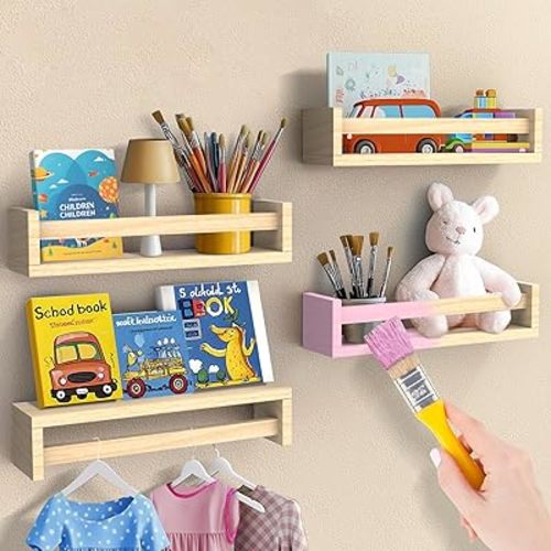 Joyooss Set of 4 Wall Bookshelf for Kids Room Decor-Wood Floating Book Shelves for Wall Book Shelf Toddler Bookshelf Baby- Nursery Book Shelves, Ideal for Nursery Decor, Baby Room Decor, Toy Storage