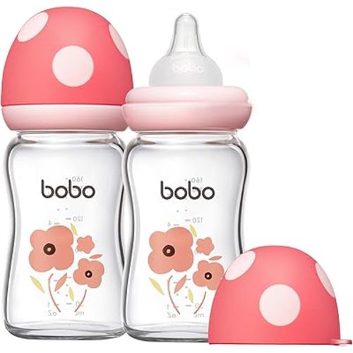 YOHKOH Natural Glass Baby Bottle with Natural Response Nipple, Newborn Anti-Colic Baby Bottles, Wide Neck Mushroom Cap Baby Bottle, Clear ((5.4oz (Pack of 2), Red)