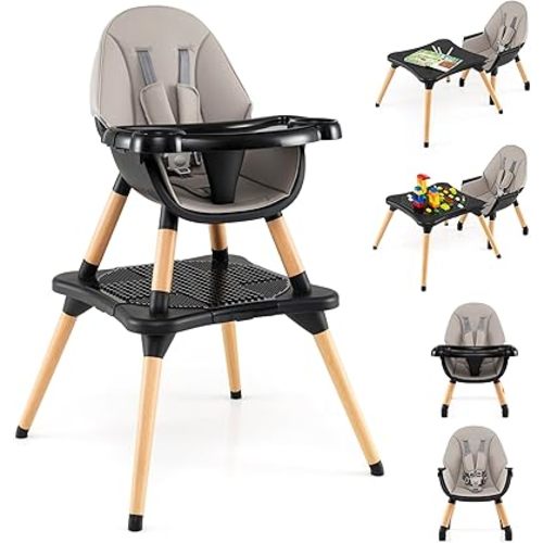 HONEY JOY Baby High Chair, 6-in-1 Convertible Wooden Highchair for Babies and Toddlers/Table Set/Toddler Chair with Safety Harness, 4-Position Removable Feeding Tray (Black)