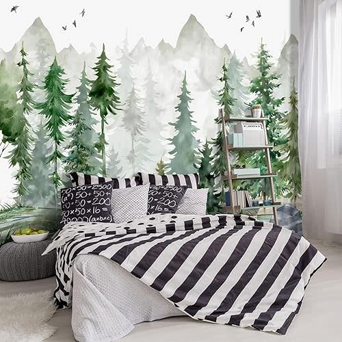 -Green Cartoon Pine Forest Nursery Fabric Wallpaper for Boys and Girls Children's Bedroom Living Room Woodland Plants Large Wall Mural- 137"x96"( not Peel and Stick)